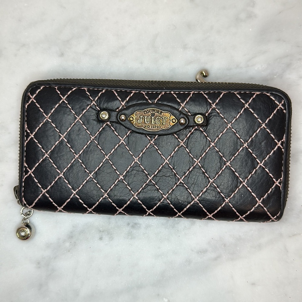 Juicy Couture Brown Leather Wallet Pink Stitching Y2K - Picture 10 of 12